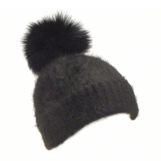 Black knitted angora beanie with fox pompom - Ellimonelli